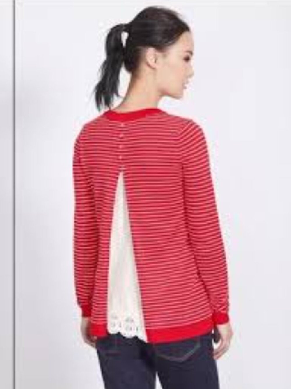 Boden Serena Red Striped Split-Back Lace Embroidered Pullover Sweater Size Small